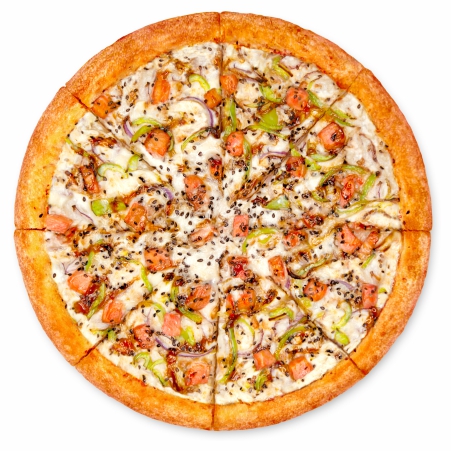 Бизон пицца новый уренгой доставка. Пицца цыпленок терияки. Пицца лосось терияки. Пицца с лососем и соусом терияки.